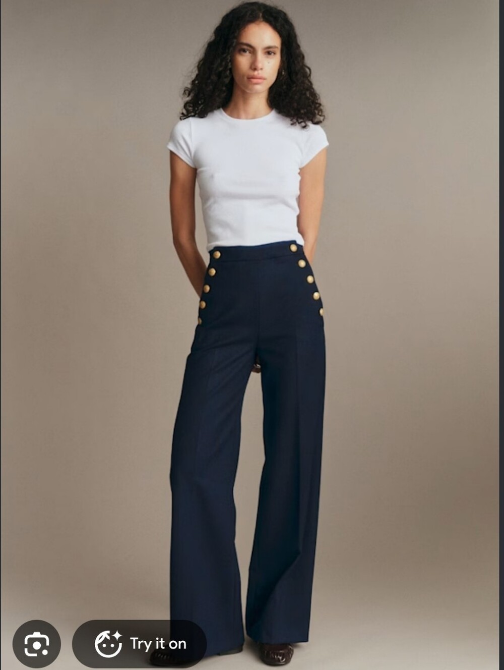 Sezane Marino Navy Blue High Waist Gold Button Wide Leg Trouser Pants 36